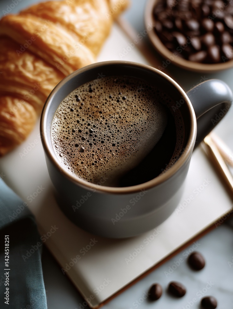 Coffee and croissant delight in cozy setting Coffee and croissant delight in cozy setting