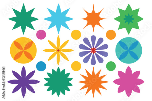 Colorful Star and Circle Pattern with Multiple Shapes on White Background