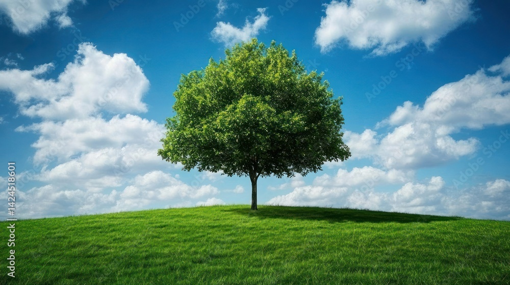 Obraz premium Single tree on grassy hill under partly cloudy sky