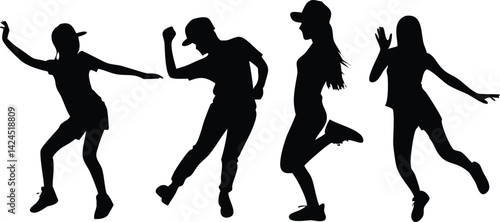 Dancing People Silhouette with Caps On White Background