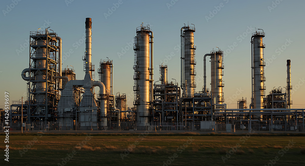 Industrial Refinery Plant Emitting Smoke Against Sky with Power Towers and Pollution Challenges Industrial Refinery Plant Emitting Smoke Against Sky with Power Towers and Pollution Challenges