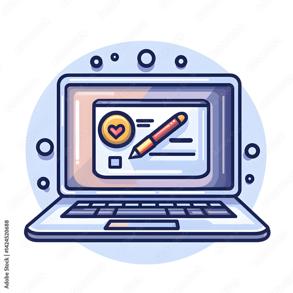 digital illustration of laptop displaying form with heart icon and pencil, symbolizing online communication and creativity. design is colorful and modern, with circular background