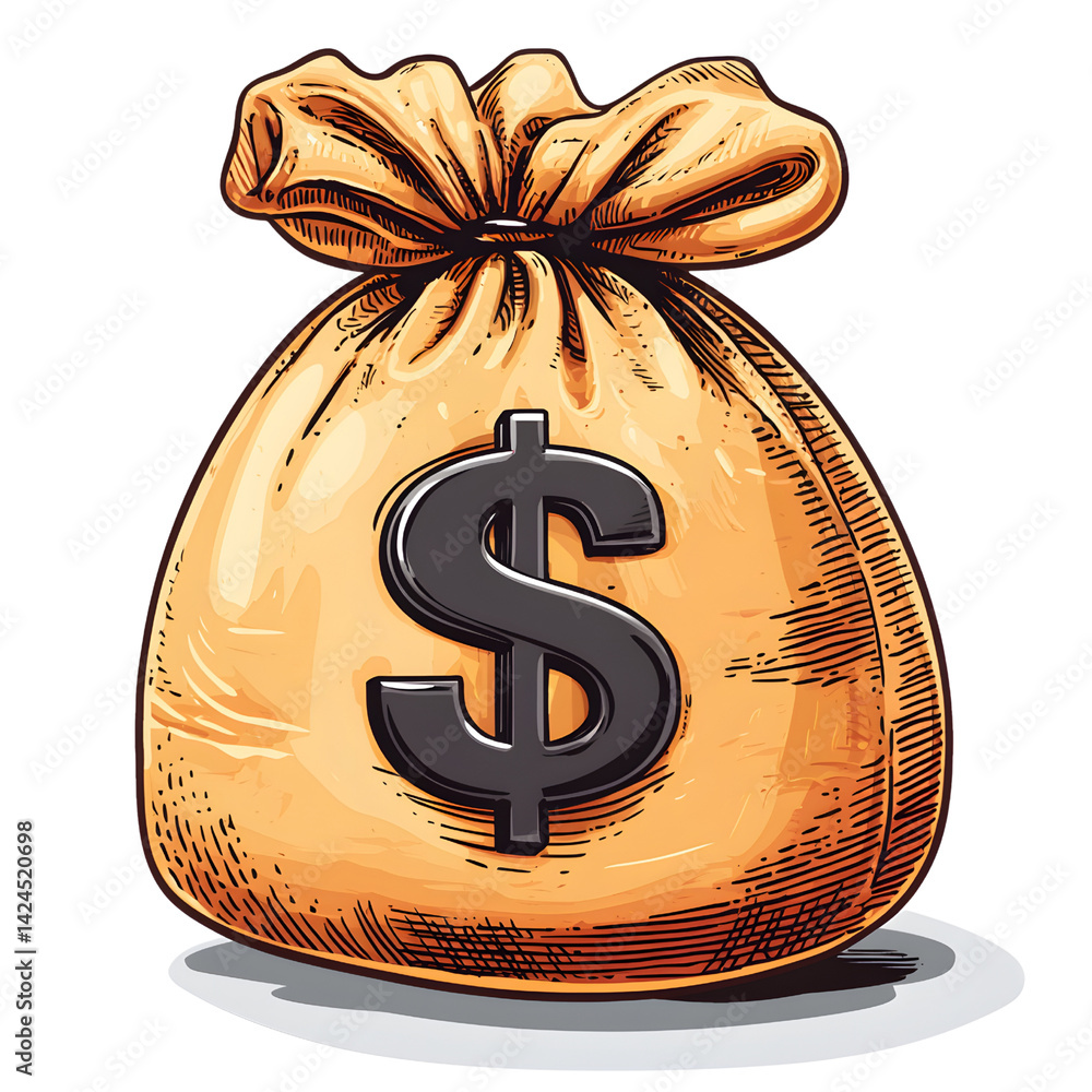 large, illustrated money bag with prominent dollar sign symbolizes wealth and financial success. detailed drawing style adds classic touch, evoking feelings of prosperity and abundance