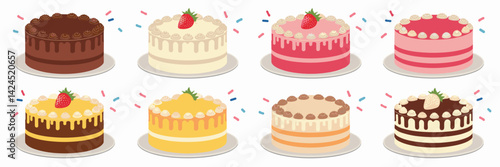 Vector sheet of cakes with frosting and decorations – Ideal for food blogs, event promotions, or birthday party branding.