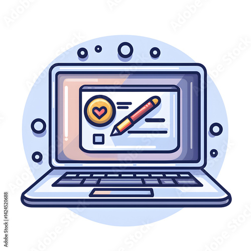 Obraz na płótnie digital illustration of laptop displaying form with heart icon and pencil, symbolizing online communication and creativity. design is colorful and modern, with circular background w salonie