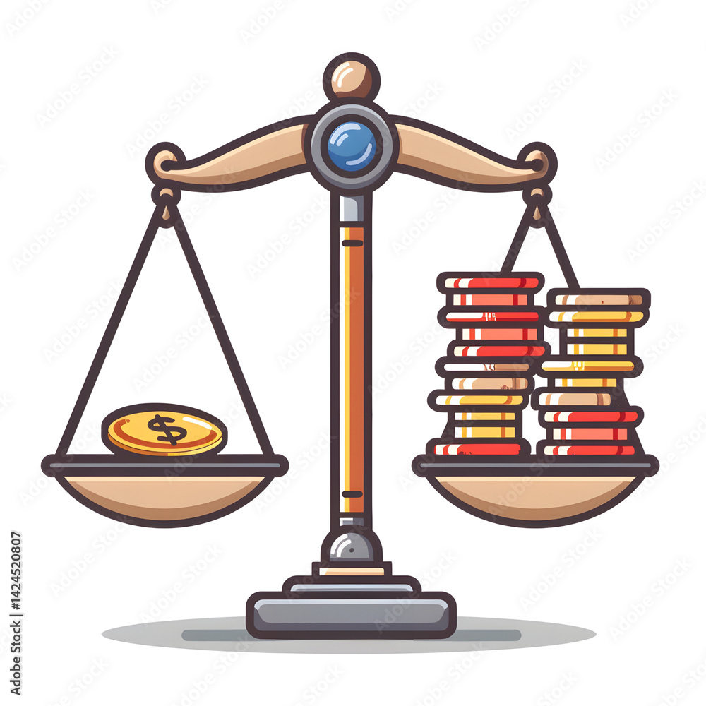 balanced scale with coins symbolizes financial equality and justice. illustration features classic scale with one side holding single coin and other side stacked with multiple coins, representing