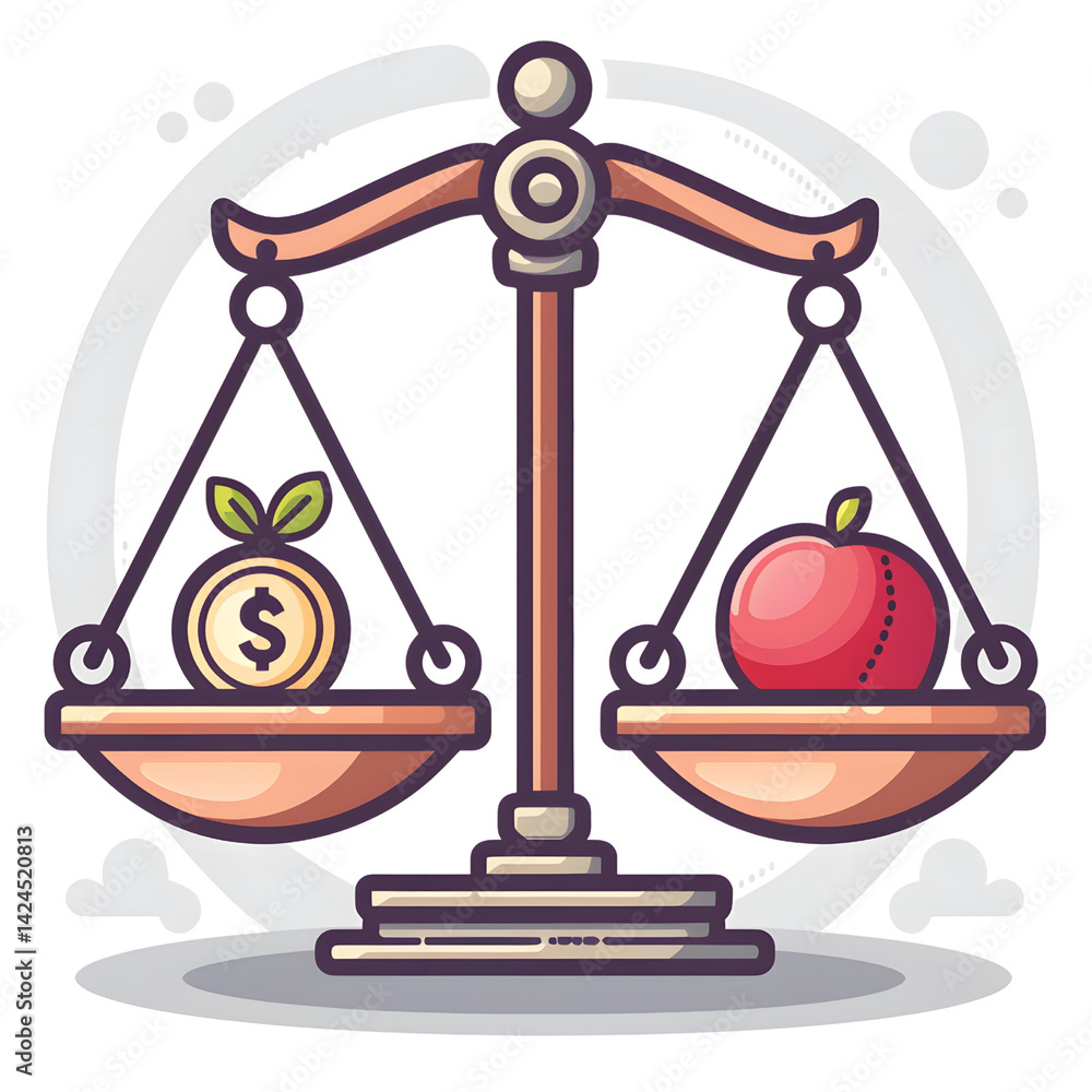 balanced scale with coin and apple symbolizes concept of value comparison, weighing financial worth against health or lifestyle choices. illustration is colorful and engaging