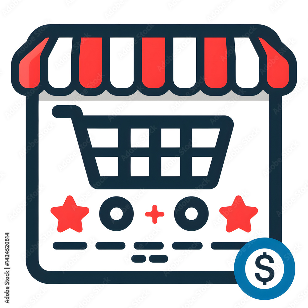 Shopping cart icon with storefront awning, featuring red and white stripes, two red stars, and dollar sign symbol. design conveys online shopping and e commerce themes