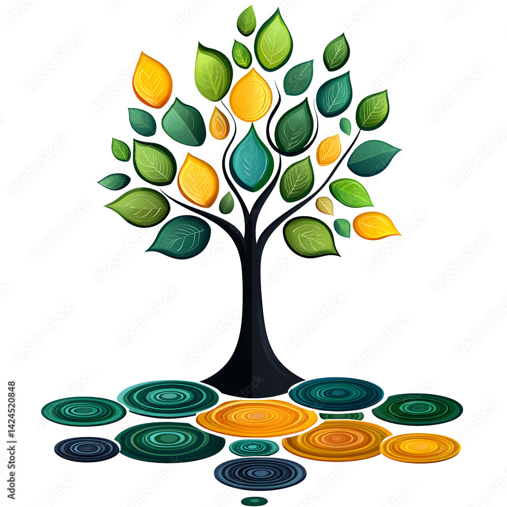 stylized tree with vibrant green, yellow, and orange leaves stands above colorful concentric circles, symbolizing growth and harmony
