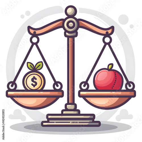 Obraz na płótnie balanced scale with coin and apple symbolizes concept of value comparison, weighing financial worth against health or lifestyle choices. illustration is colorful and engaging w salonie