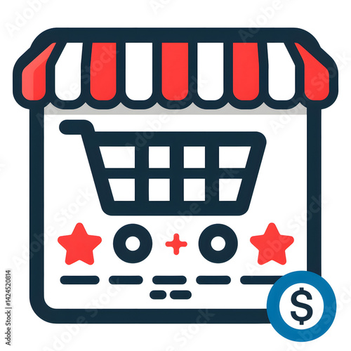 Obraz na płótnie Shopping cart icon with storefront awning, featuring red and white stripes, two red stars, and dollar sign symbol. design conveys online shopping and e commerce themes w salonie