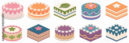 Vector sheet of cakes with creative designs and decorations – Ideal for bakery websites, event promotions, or food magazines.
