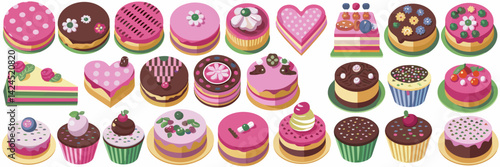 Vector illustration of a sheet of cakes with various designs including round, square, and heart-shaped with different decorations