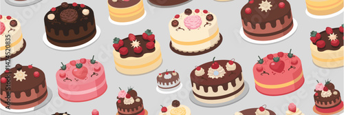 Vector illustration of cakes with various decorations – Perfect for cake shops, food promotions, or dessert recipe content.