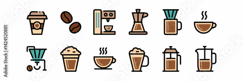 Vector sheet with coffee icons including cup, bean, machine, espresso, latte, cappuccino, and french press – Perfect for coffee shop branding, cafe menus, or promotional material.