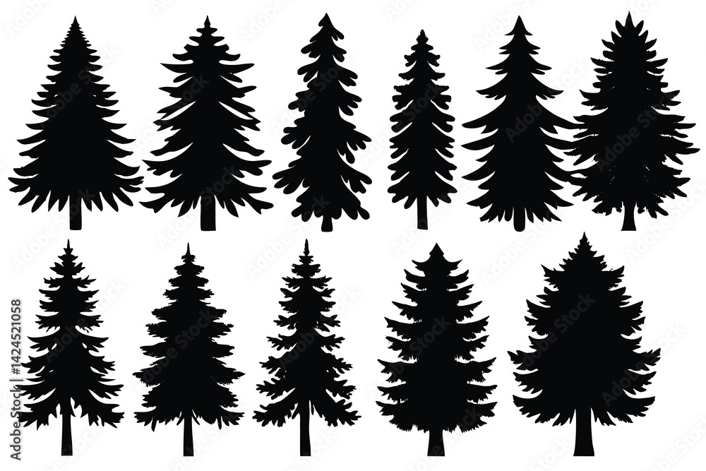 Obraz premium Evergreen Tree Silhouettes Assortment of Coniferous Trees, Forest Plants, Nature Elements