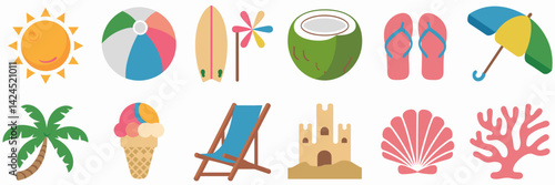 Summer-themed vector icon sheet with beach and sun elements – Ideal for travel promotions, beachwear branding, or vacation marketing.