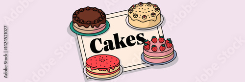 Vector sheet of paper with "cakes" text and drawn cake illustrations – Great for bakery branding, recipe books, or food-related content.