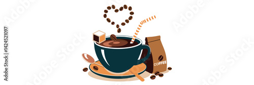 Vector illustration of a steaming coffee cup with sugar cube, coffee bean, and spoon – Great for cafe designs, coffee promotions, or beverage branding.