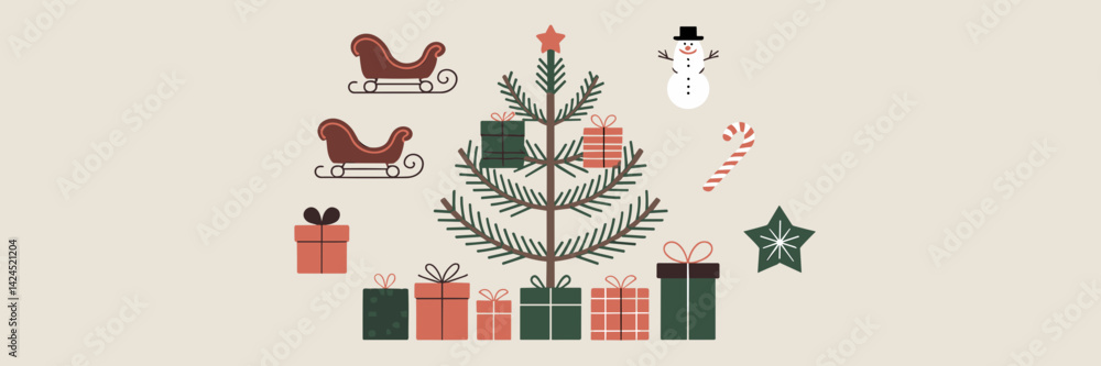Fototapeta premium Vector sheet illustration of Christmas tree with wrapped presents and sleigh, snowman, candy cane, star, and gift box – Great for holiday branding, Christmas promotions, or seasonal decorations.
