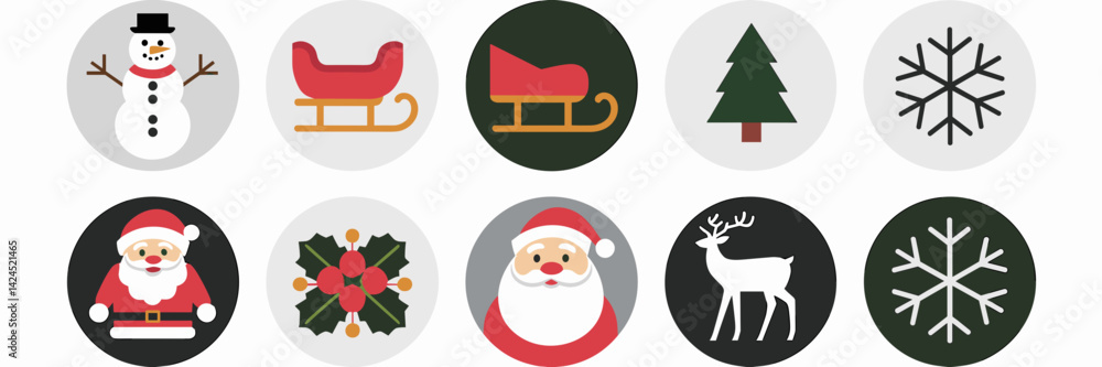Vector sheet of winter icons with snowman, sled, Christmas tree, and reindeer Vector sheet of winter icons with snowman, sled, Christmas tree, and reindeer