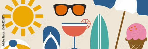 Vector illustration of summer scene with sun, beach ball, sunglasses, and cocktail