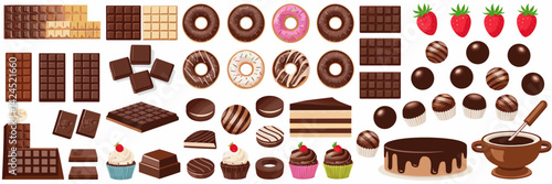 Vector sheet with various chocolate items including bars, donuts, cupcakes, cookies, and a fondue pot