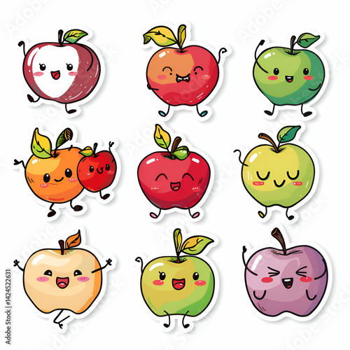 Adorable Cartoon Apples. Cute Fruit Stickers and Illustrations