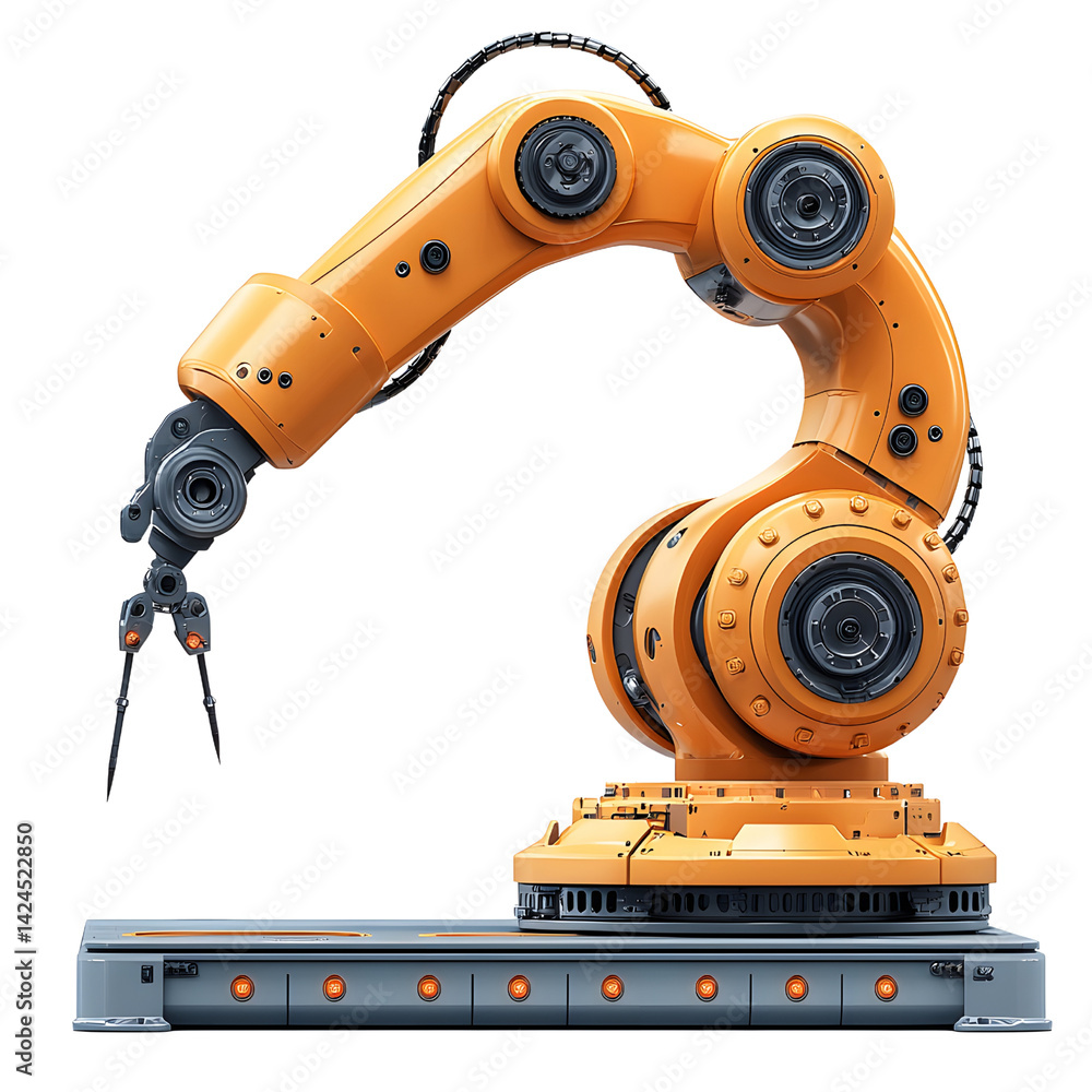 bright orange industrial robotic arm with multiple joints and claw like gripper is positioned on sturdy base, showcasing advanced engineering and precision