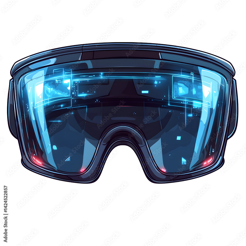 Futuristic augmented reality goggles with digital interface display, showcasing sleek and modern design. transparent visor reveals holographic elements and glowing icons
