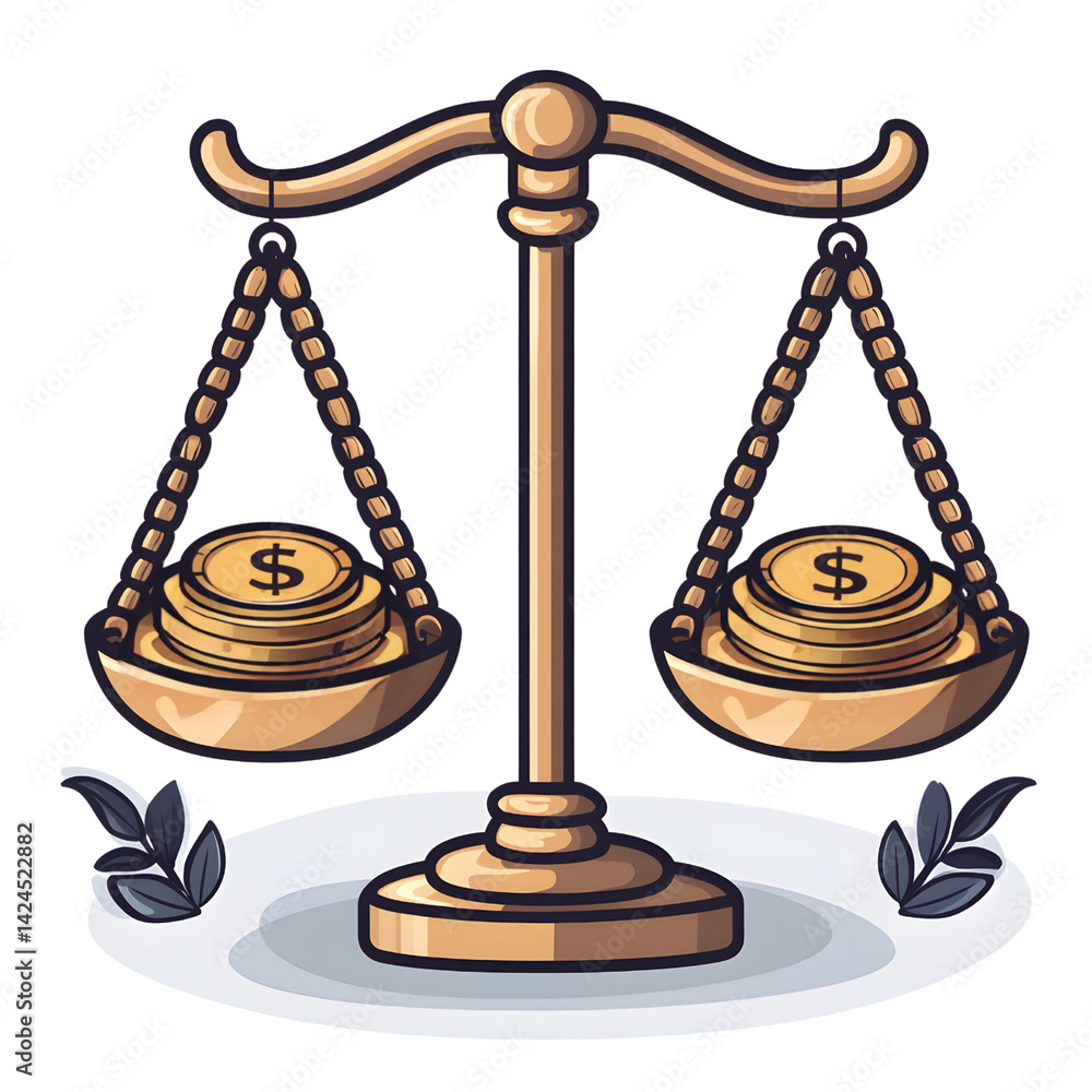 balanced scale with stacks of coins on each side symbolizes financial equality and fairness. illustration conveys sense of justice and economic balance