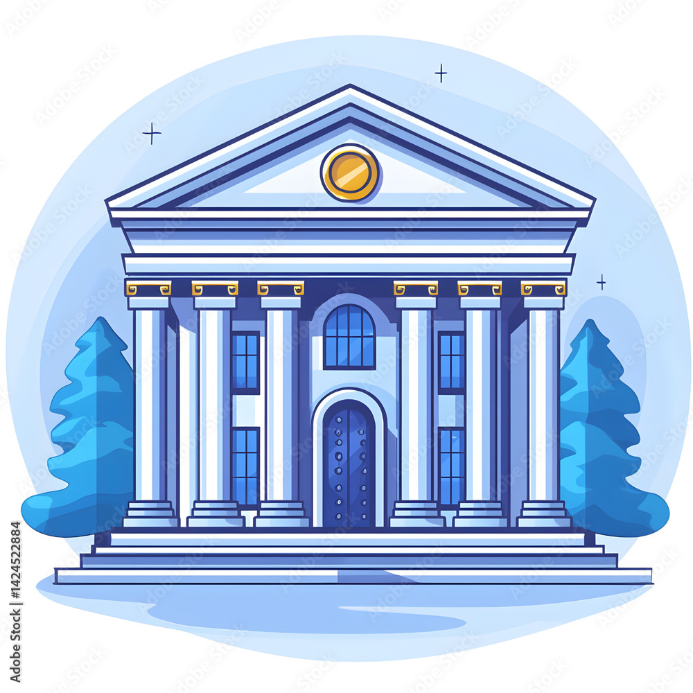 grand, classical bank building with tall columns and triangular pediment stands majestically, surrounded by trees. structure exudes stability and trust, symbolizing financial security