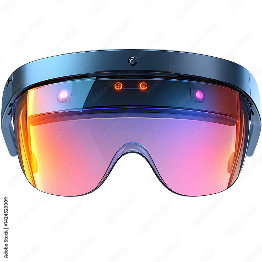 sleek pair of augmented reality glasses with futuristic design, featuring reflective visor and multiple sensors for immersive experiences. vibrant colors add modern touch