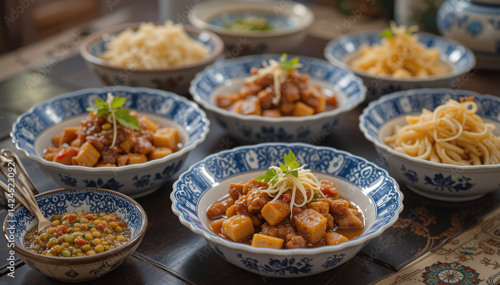 Traditional food served in ornamental ceramic dishes on table. Colorful and appetizing meal in ethnic-style pottery Traditional food served in ornamental ceramic dishes on table. Colorful and appetizing meal in ethnic-style pottery