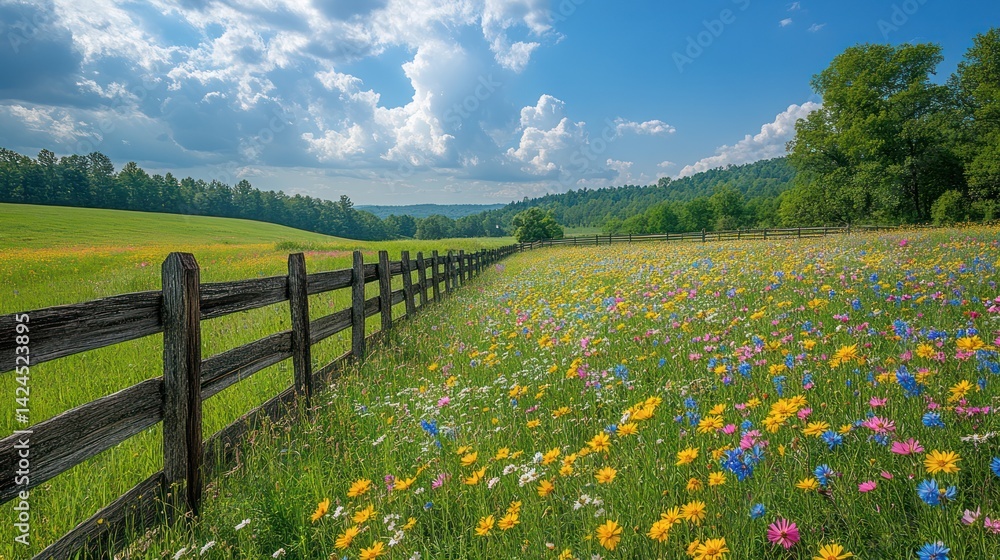 Fototapeta premium Rural meadow landscape with fence