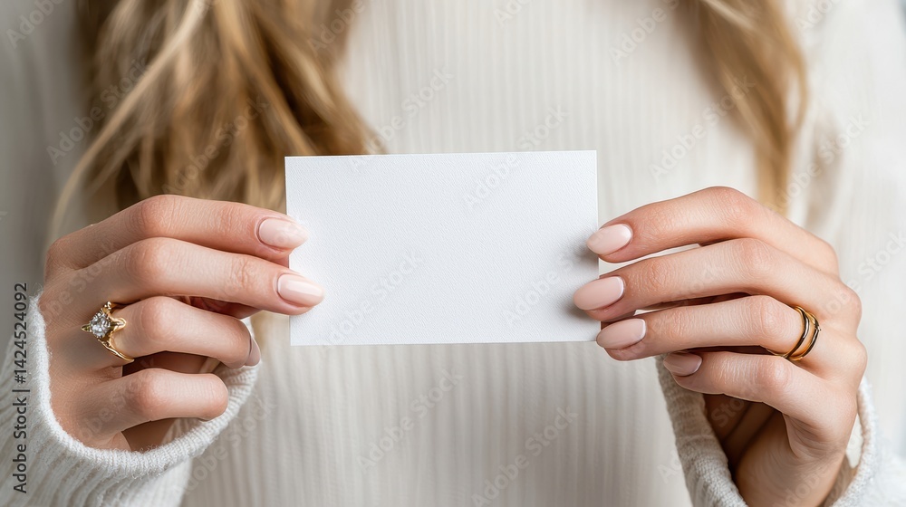 Woman Holding White Card in Hands with Focused Expression and Intent Woman Holding White Card in Hands with Focused Expression and Intent