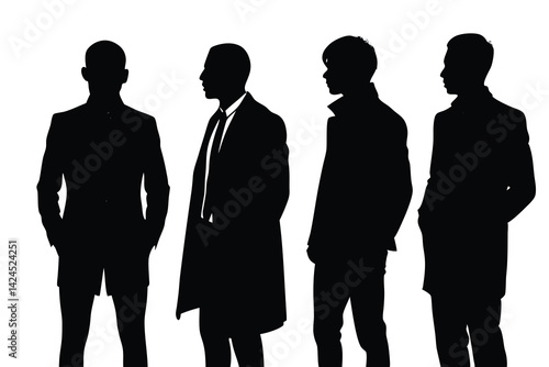 Group Silhouettes Diverse Men in Coats Standing Profile on White Background