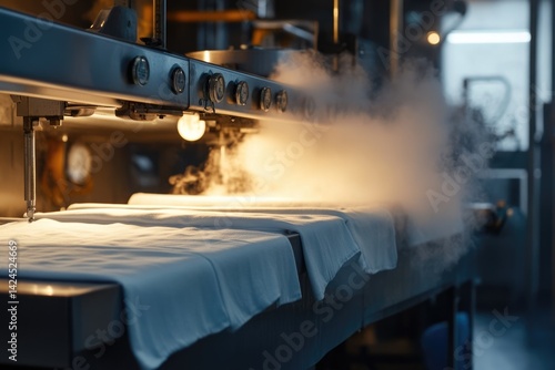 A factory machine steams a stack of folded white T-shirts. The metal machinery is complex and brightly lit from above.