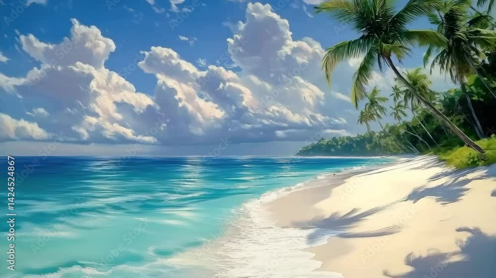 Tropical Island Beach with Palm Trees and Turquoise Ocean under Blue Sky Tropical Island Beach with Palm Trees and Turquoise Ocean under Blue Sky