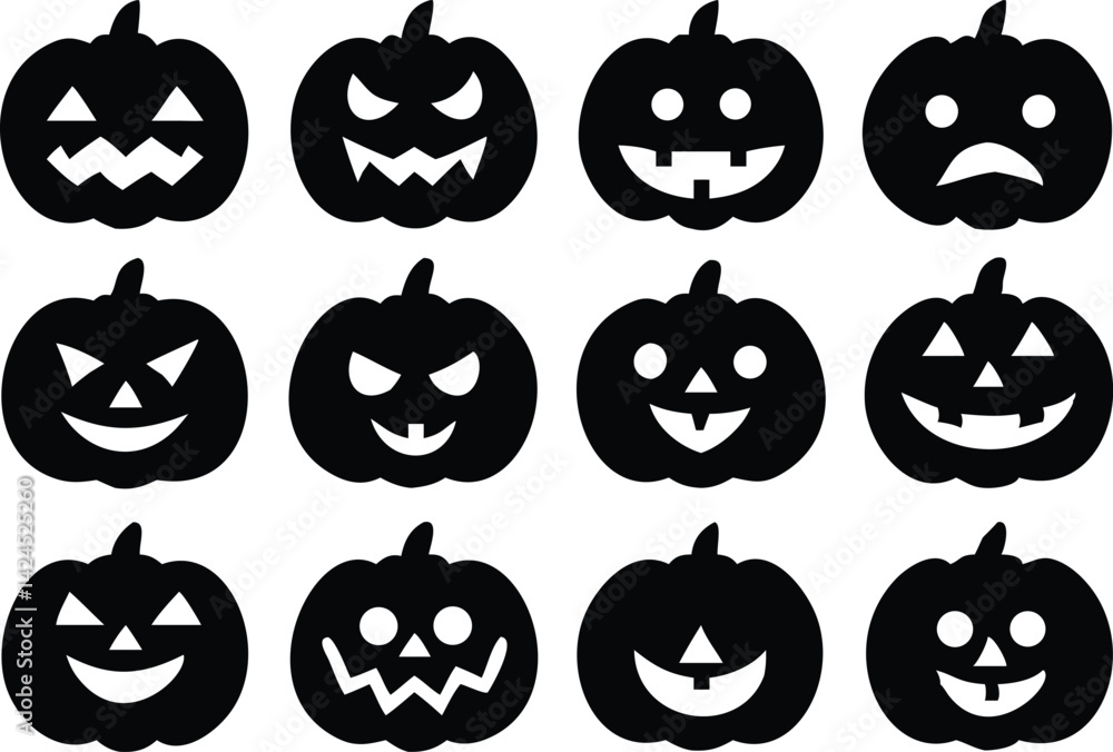 Halloween Pumpkins Seamless Pattern with Black Smiling Faces on White Background Halloween Pumpkins Seamless Pattern with Black Smiling Faces on White Background