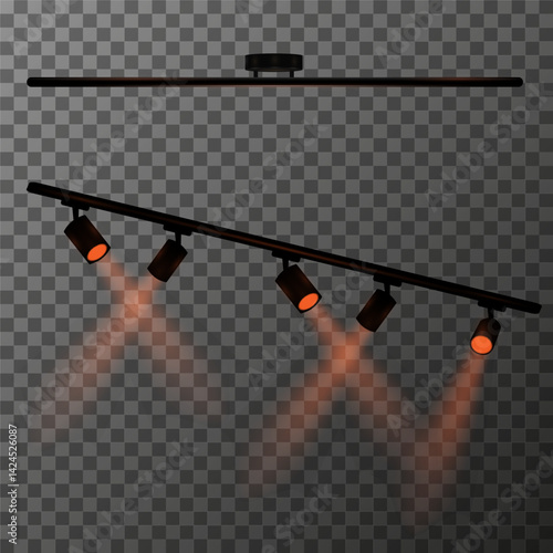 Various components of professional lighting equipment for stage or studio on transparent background. Horizontal rail with five spotlights with orange backlight. Vector illustration Eps10.