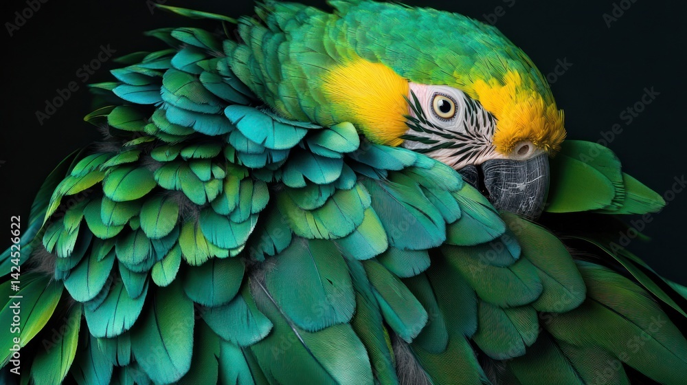 Fototapeta premium Vibrant parrot plumage close-up, detailed feather patterns, studio shot