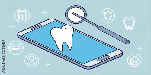 Tooth Dental Care Mobile App Vector Illustration with Magnifying Glass and Health Icons