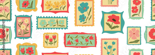 Retro cartoon floral frame illustration seamless pattern. Vintage style flower design collection. Geometric grid, mosaic natural bouquet decoration, spring season nature flowers