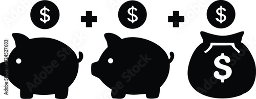 Piggy Banks Plus Dollar Coin Symbol Equals Money Bag on Transparent Background