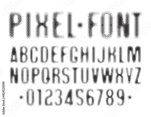 Hand drawn font consisting of dots, points. Simple font with the theme of computer games, digital technologies, pixels. Set of letters and numbers of the Latin alphabet. No AI used