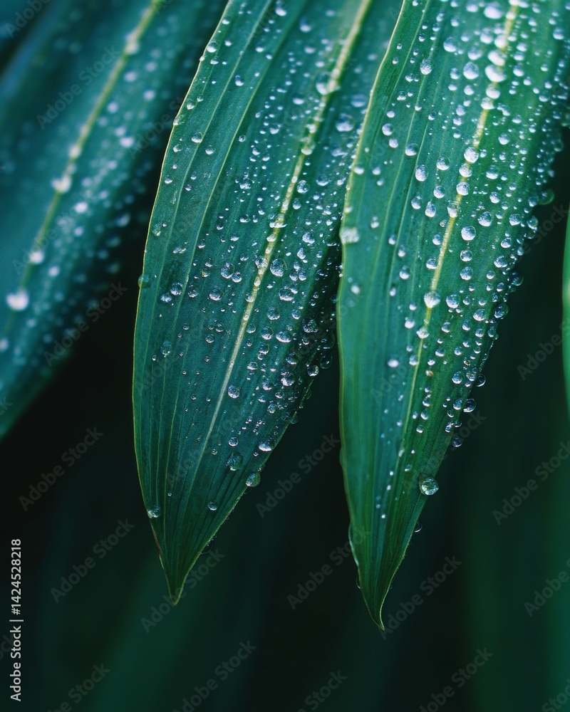 Naklejka premium Fresh green leaves covered with sparkling water drops