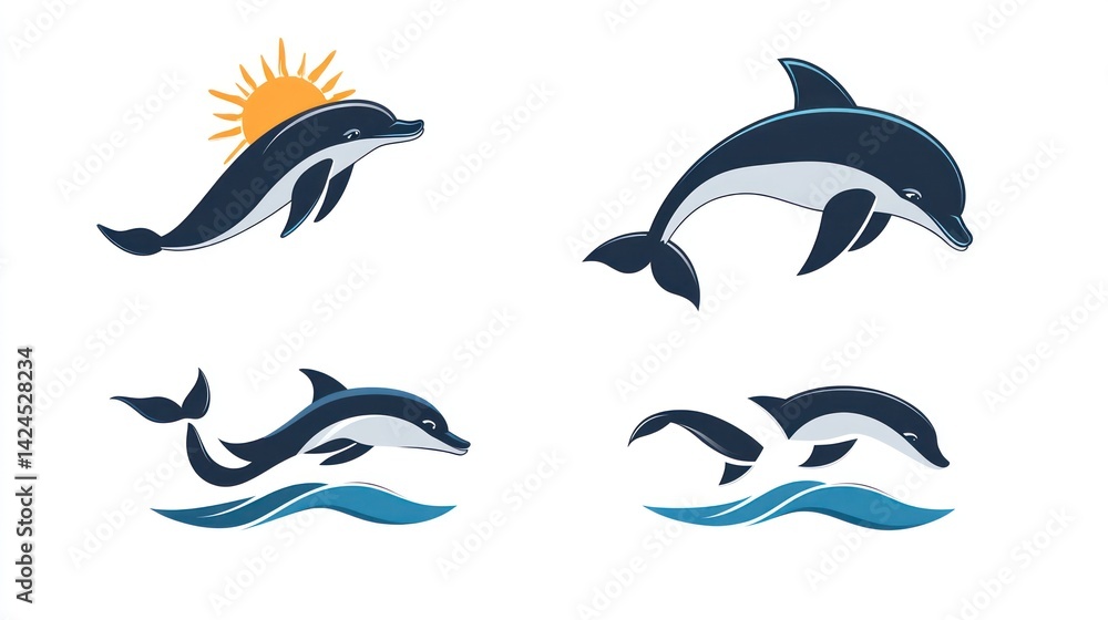 Obraz premium Four dolphins leaping, ocean sunrise, marine wildlife, vector illustration, logo design