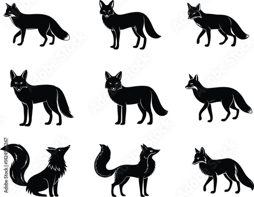 Collection of Nine Silhouettes Foxes in Various Poses