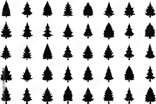 Silhouette Evergreen Trees Collection, Christmas Trees Assortment on Transparent Background